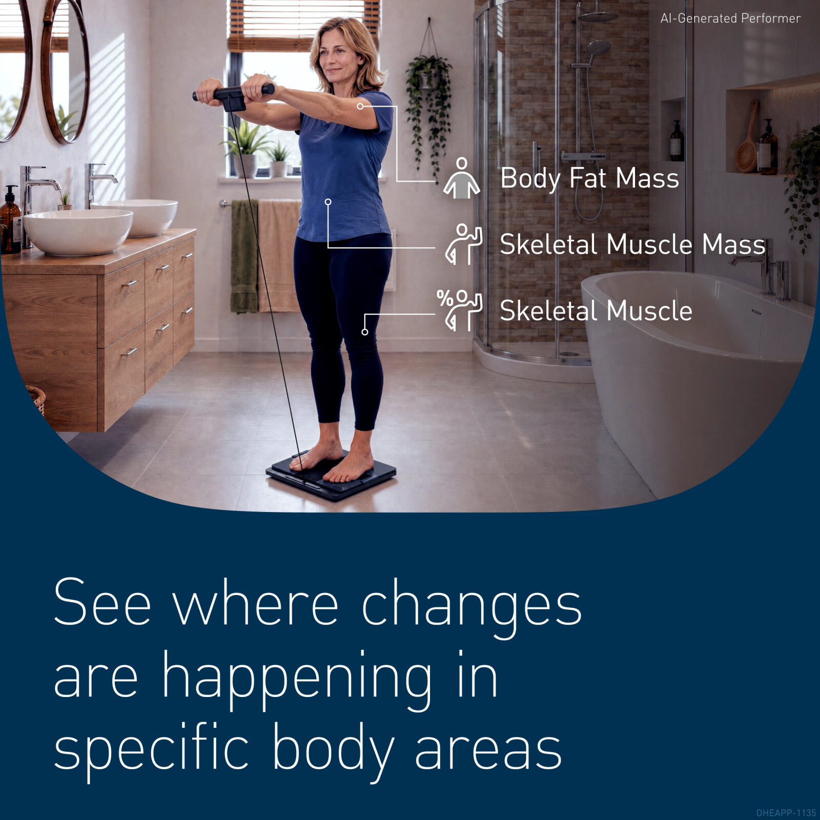 A person stands on a body composition scale with handheld sensors in a bathroom setting. Digital overlay graphics point to different areas of the body and display metrics including body fat mass, skeletal muscle mass, and skeletal muscle percentage. The image promotes body composition tracking by showing how changes can be measured in specific body areas. Text on the image reads: "See where changes are happening in specific body areas."