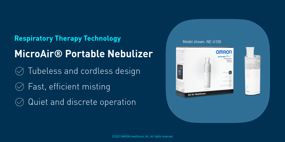 OMRON MicroAir Portable Nebulizer is a compact, cordless nebulizer with tubeless design and battery operation. Features fast, efficient misting with quiet, discreet operation for respiratory therapy on the go.