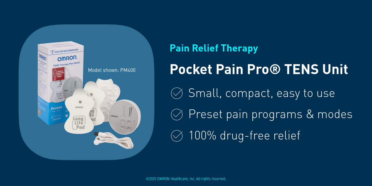 OMRON Pocket Pain Pro TENS Unit is a compact, portable device providing 100% drug-free pain relief. Features preset pain programs and modes for easy use on the go, small enough to fit in your pocket.
