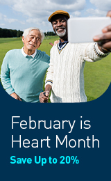 2 men taking selfie while golfing. February is Heart Month. Save up to 20% off.