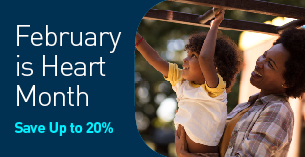 February is Heart Month. Save up to 20% off. Child on monkey bars being held by Mother.