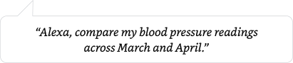 Speech bubble with text: 'Alexa, compare my blood pressure readings across March and April'